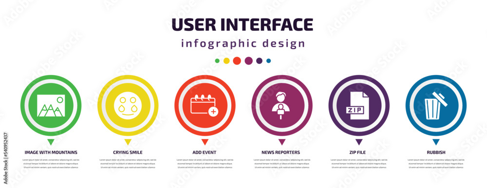 Aufkleber user interface infographic element with icons and 6 step or option. user interface icons such as ima