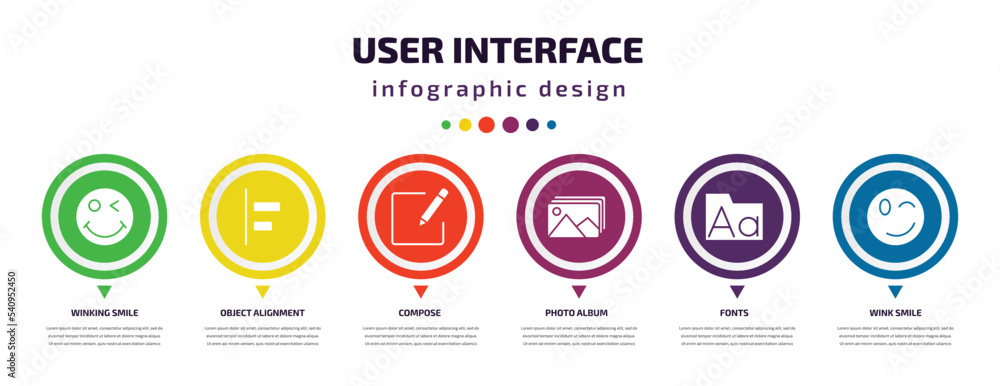 Poster user interface infographic element with icons and 6 step or option. user interface icons such as win