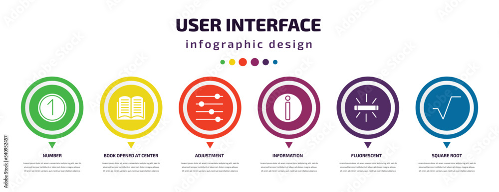 Aufkleber user interface infographic element with icons and 6 step or option. user interface icons such as num