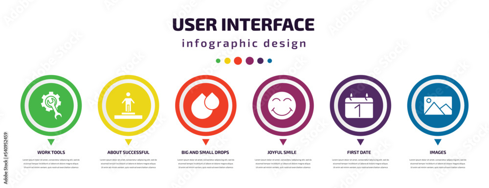 Poster user interface infographic element with icons and 6 step or option. user interface icons such as wor