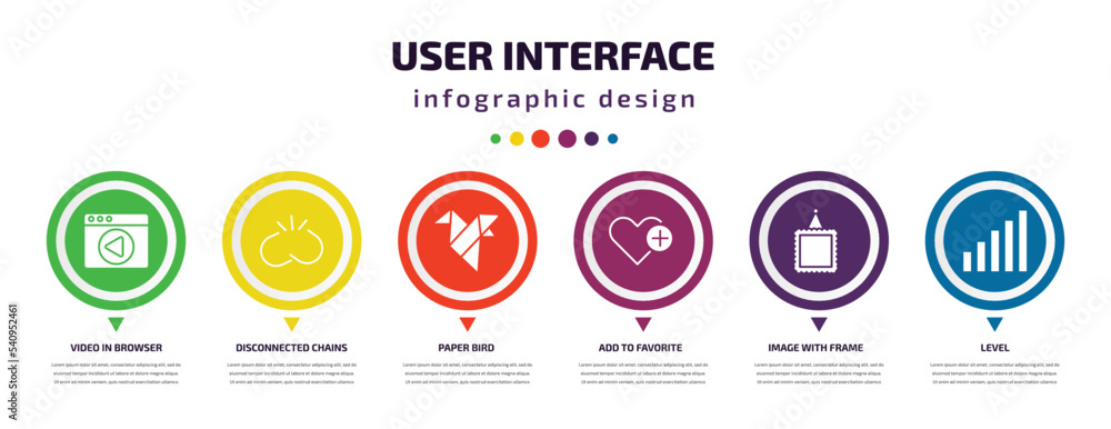 Aufkleber user interface infographic element with icons and 6 step or option. user interface icons such as vid