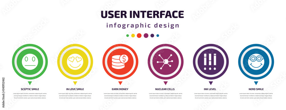 Aufkleber user interface infographic element with icons and 6 step or option. user interface icons such as sce