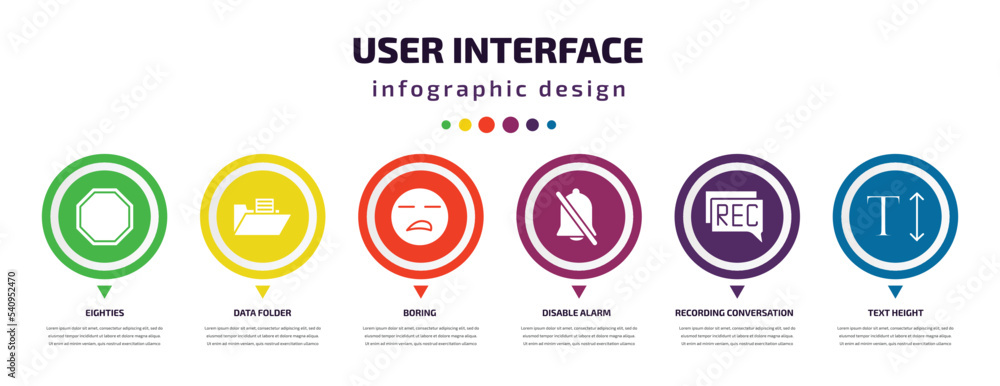 Poster user interface infographic element with icons and 6 step or option. user interface icons such as eig