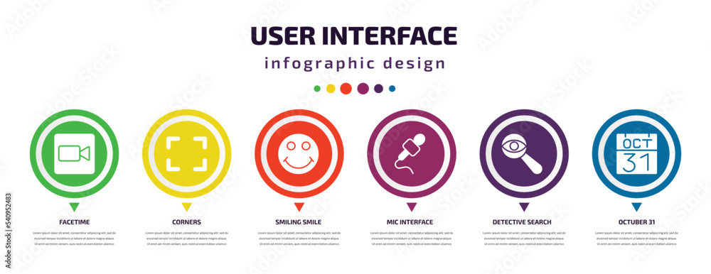 Poster user interface infographic element with icons and 6 step or option. user interface icons such as fac