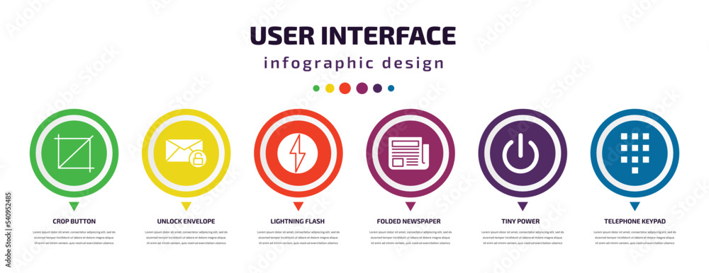 Poster user interface infographic element with icons and 6 step or option. user interface icons such as cro