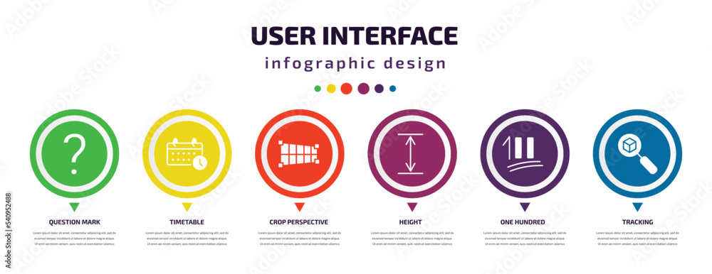 Poster user interface infographic element with icons and 6 step or option. user interface icons such as que
