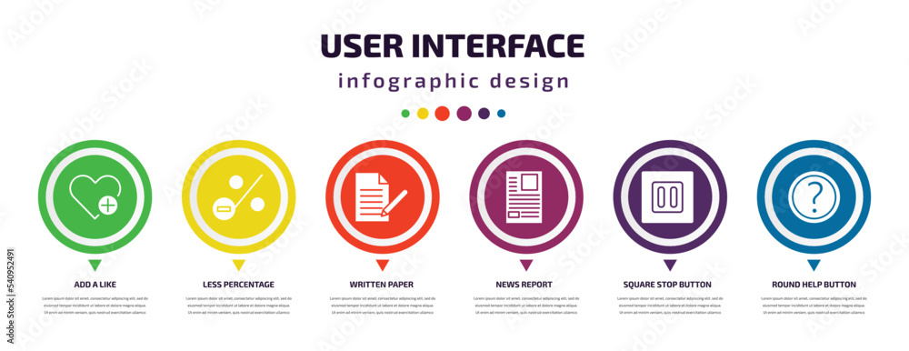 Aufkleber user interface infographic element with icons and 6 step or option. user interface icons such as add