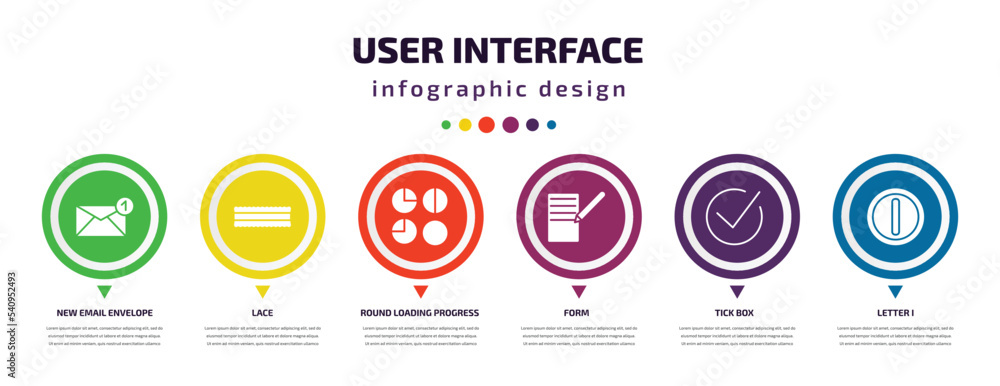 Poster user interface infographic element with icons and 6 step or option. user interface icons such as new
