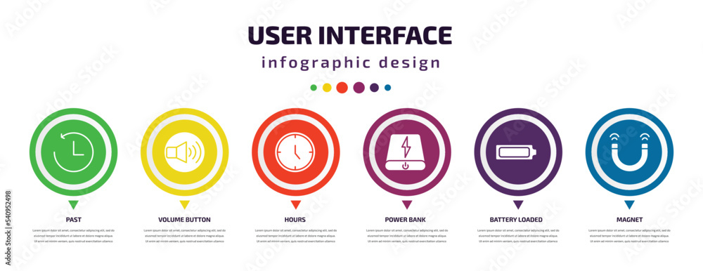 Poster user interface infographic element with icons and 6 step or option. user interface icons such as pas