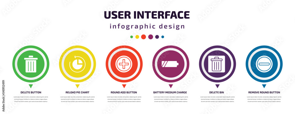 Poster user interface infographic element with icons and 6 step or option. user interface icons such as del