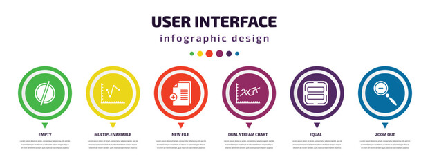 user interface infographic element with icons and 6 step or option. user interface icons such as empty, multiple variable lines, new file, dual stream chart, equal, zoom out vector. can be used for