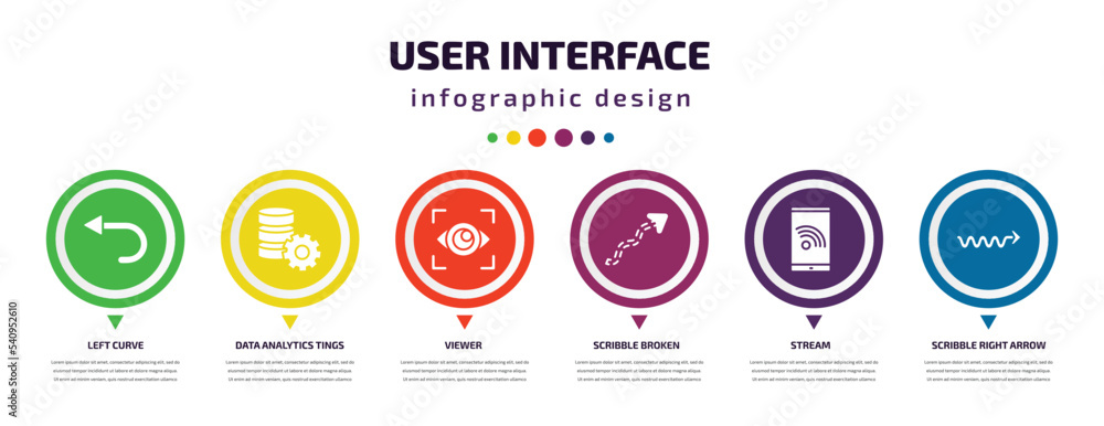 Poster user interface infographic element with icons and 6 step or option. user interface icons such as lef