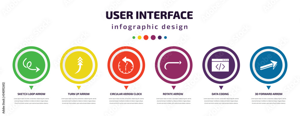 Aufkleber user interface infographic element with icons and 6 step or option. user interface icons such as ske