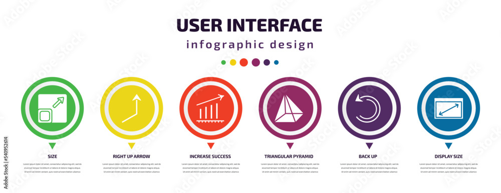 Poster user interface infographic element with icons and 6 step or option. user interface icons such as siz