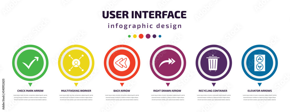 Aufkleber user interface infographic element with icons and 6 step or option. user interface icons such as che