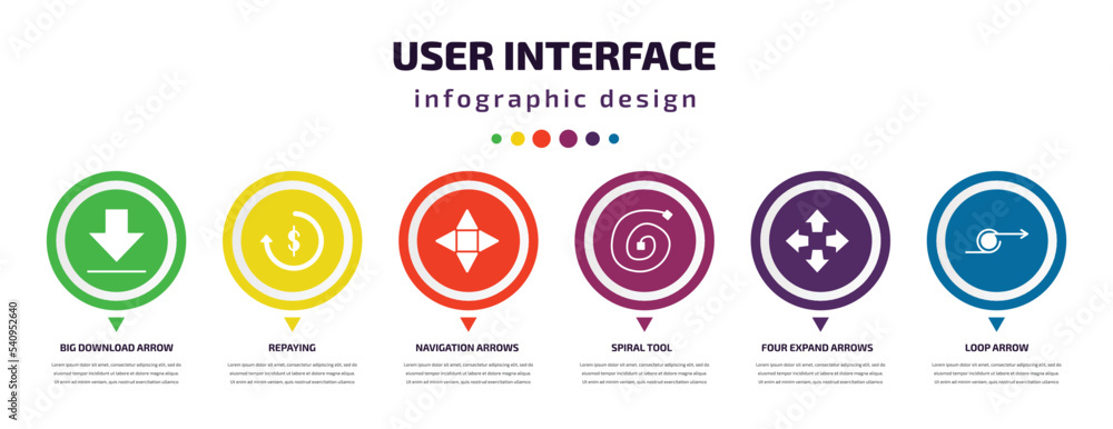 Poster user interface infographic element with icons and 6 step or option. user interface icons such as big