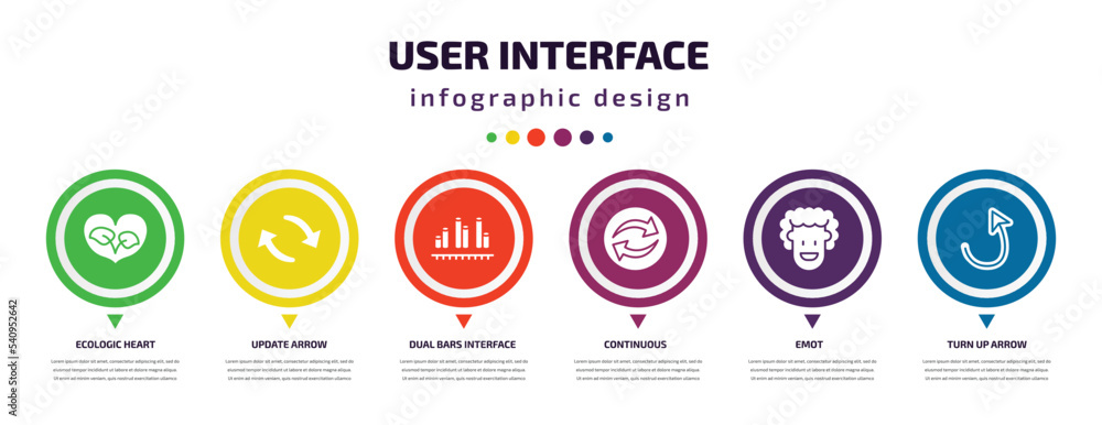 Poster user interface infographic element with icons and 6 step or option. user interface icons such as eco
