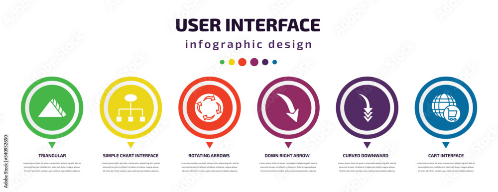 Poster user interface infographic element with icons and 6 step or option. user interface icons such as tri