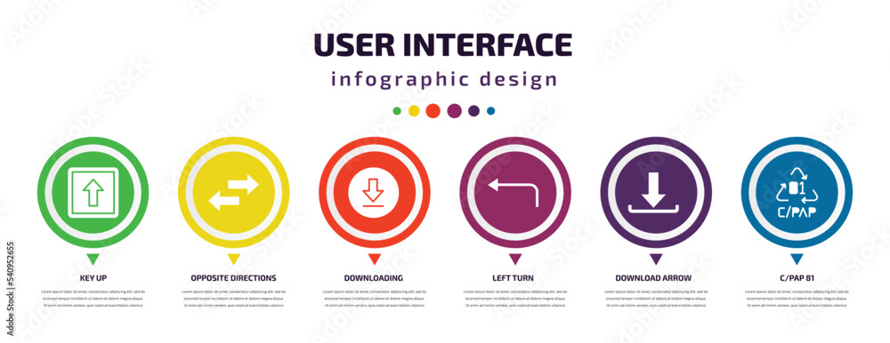 Poster user interface infographic element with icons and 6 step or option. user interface icons such as key