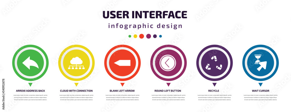 Poster user interface infographic element with icons and 6 step or option. user interface icons such as arrow address back, cloud with connection, blank left arrow, round left button, recycle, wait cursor