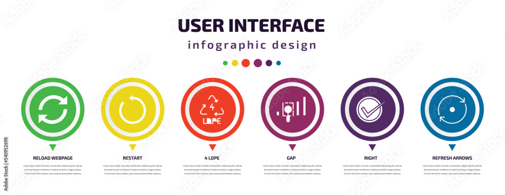 Poster user interface infographic element with icons and 6 step or option. user interface icons such as rel