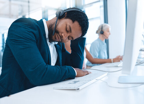 Call Center Burnout, Sleeping Man And Employee Exhausted After Long Hours, Telemarketing Or Customer Service Consulting. Company Office Agent, Help Desk Consultant Or Contact Us Worker Tired At Work