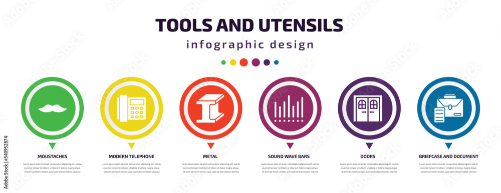 Poster tools and utensils infographic element with icons and 6 step or option. tools and utensils icons suc