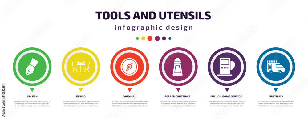 Poster tools and utensils infographic element with icons and 6 step or option. tools and utensils icons suc