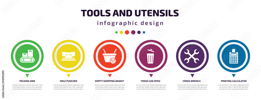 Poster tools and utensils infographic element with icons and 6 step or option. tools and utensils icons suc