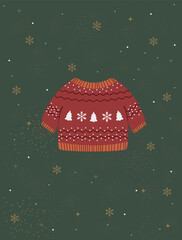 postcard illustration with wool red sweater. holiday card vector in flat style with christmas cardigan. Christmas pattern jumper