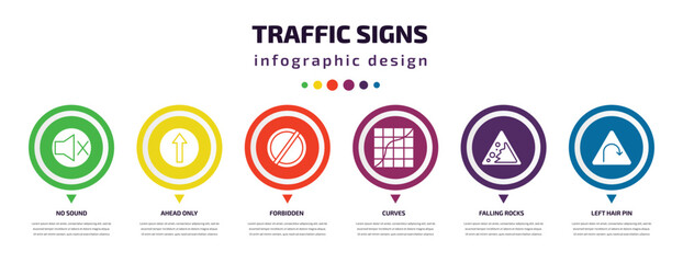 traffic signs infographic element with icons and 6 step or option. traffic signs icons such as no sound, ahead only, forbidden, curves, falling rocks, left hair pin vector. can be used for banner,