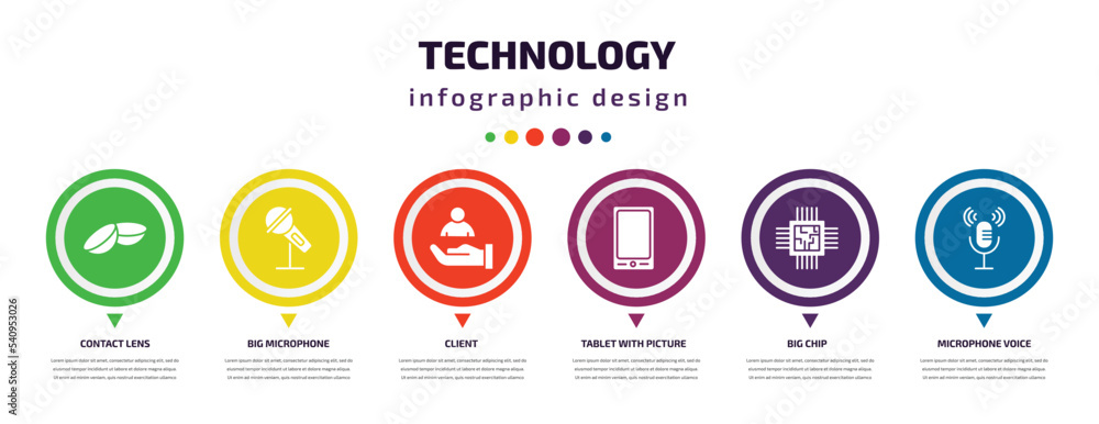 Poster technology infographic element with icons and 6 step or option. technology icons such as contact len