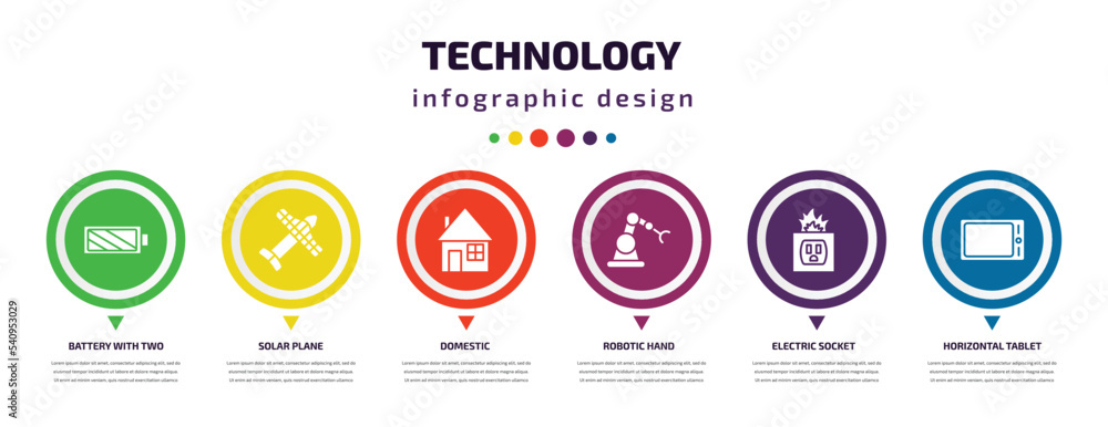 Poster technology infographic element with icons and 6 step or option. technology icons such as battery wit