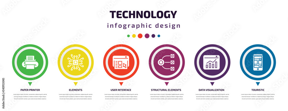 Poster technology infographic element with icons and 6 step or option. technology icons such as paper print