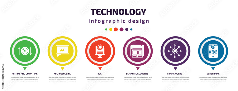 Poster technology infographic element with icons and 6 step or option. technology icons such as uptime and 
