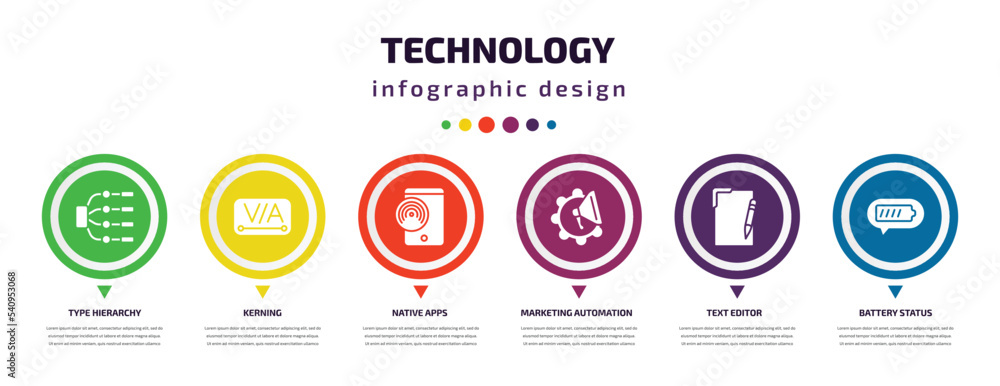 Aufkleber technology infographic element with icons and 6 step or option. technology icons such as type hierar