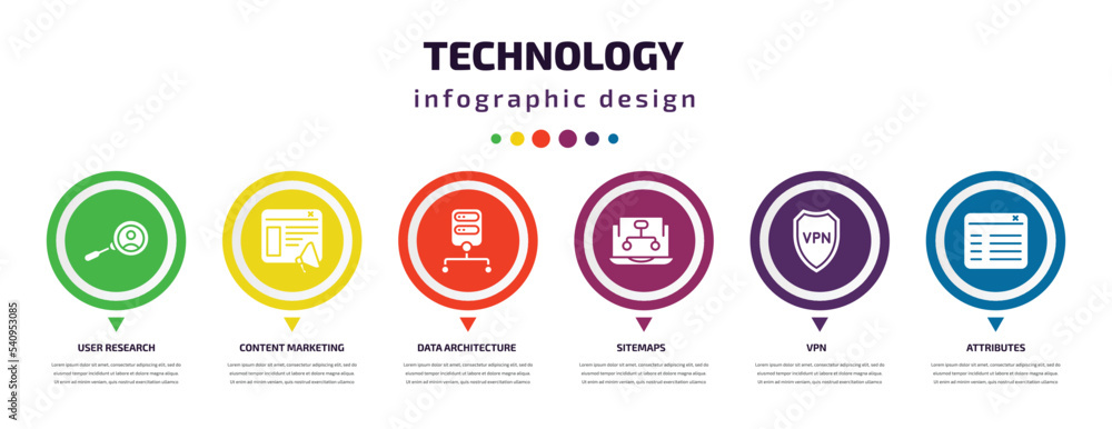 Poster technology infographic element with icons and 6 step or option. technology icons such as user resear