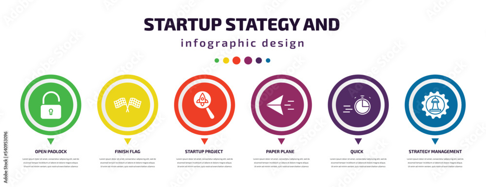 Poster startup stategy and infographic element with icons and 6 step or option. startup stategy and icons s