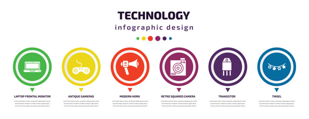 technology infographic element with icons and 6 step or option. technology icons such as laptop frontal monitor, antique gamepad, modern horn, retro squared camera, transistor, tinsel vector. can be