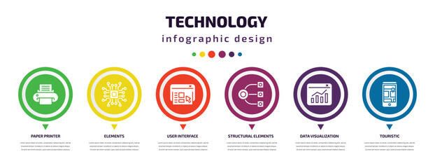 technology infographic element with icons and 6 step or option. technology icons such as paper printer, elements, user interface, structural elements, data visualization, touristic vector. can be