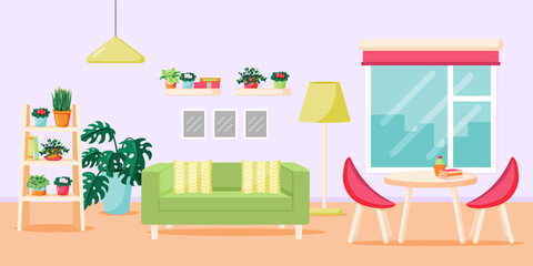 Home plants in the living room, colorful interior with indoor plants, sofa and dining room