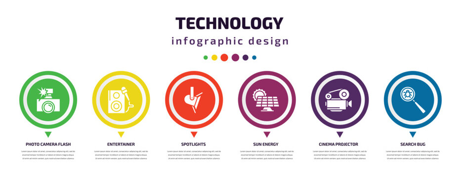 technology infographic element with icons and 6 step or option. technology icons such as photo camera flash, entertainer, spotlights, sun energy, cinema projector, search bug vector. can be used for