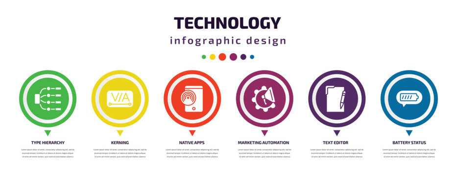 technology infographic element with icons and 6 step or option. technology icons such as type hierarchy, kerning, native apps, marketing automation, text editor, battery status vector. can be used