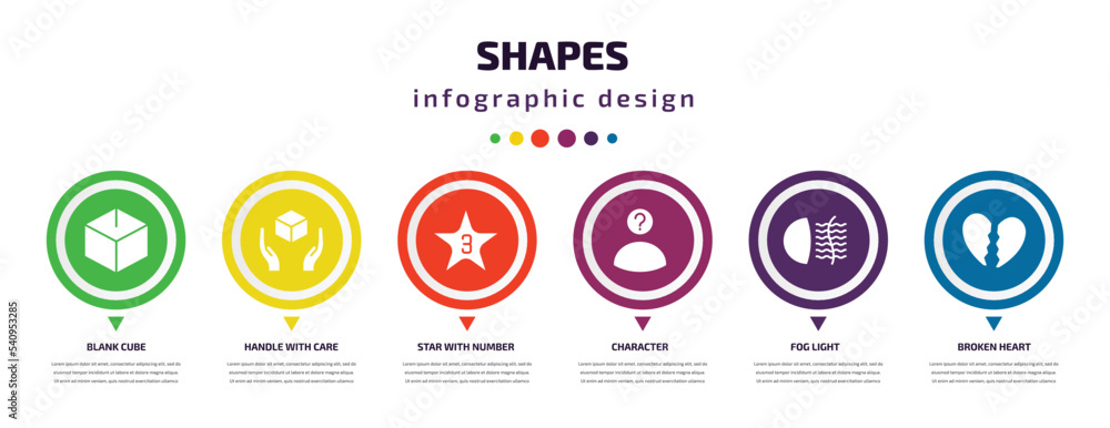 Aufkleber shapes infographic element with icons and 6 step or option. shapes icons such as blank cube, handle 