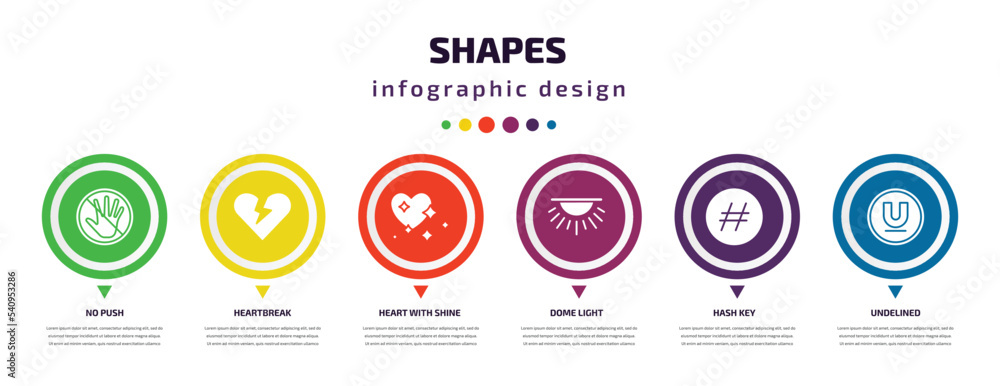 Poster shapes infographic element with icons and 6 step or option. shapes icons such as no push, heartbreak