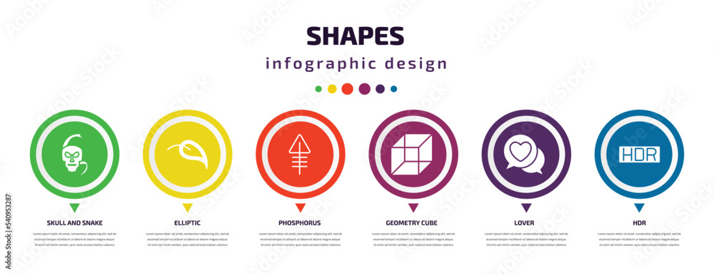 Poster shapes infographic element with icons and 6 step or option. shapes icons such as skull and snake, el