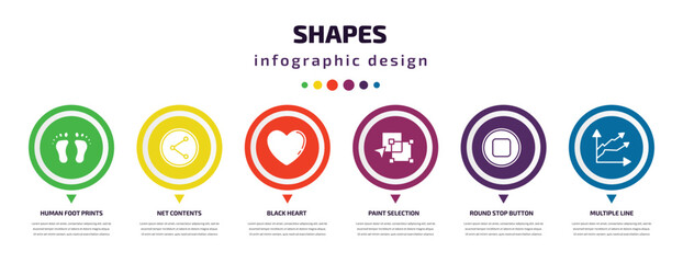 shapes infographic element with icons and 6 step or option. shapes icons such as human foot prints, net contents, black heart, paint selection, round stop button, multiple line vector. can be used
