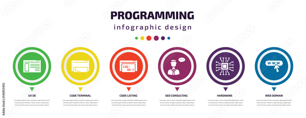 Poster programming infographic element with icons and 6 step or option. programming icons such as ux de, co