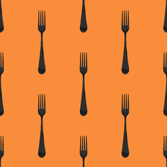 Seamless pattern. Fork top view on yellow orang background. Template for applying to surface. Square image. Flat lay. 3D image. 3D rendering.