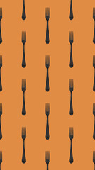pattern. Fork top view on yellow orang background. Template for applying to surface. Vertical image. Flat lay. 3D image. 3D rendering.